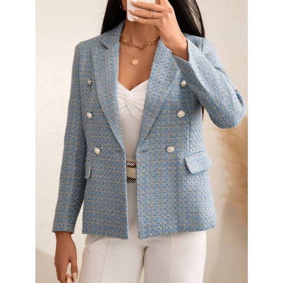 business plazacore tweed Plaid Print Double Breasted Blazer jacket - Picture 7 of 11